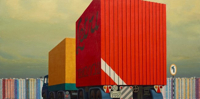 AGNSW collection Jeffrey Smart Truck and trailer approaching a city 1973