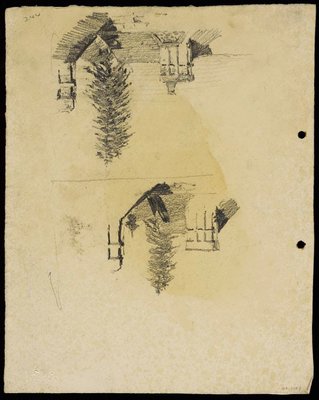 Alternate image of recto: House with gabled roof - Roslyndale, Woollahra
verso: Chimneys and tree (twice) [upside down] by Lloyd Rees