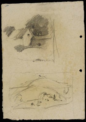 Alternate image of recto: House behind a fence [top] and Rounded hillside landscape [bottom]
verso: House [top] and The hillside [bottom] by Lloyd Rees