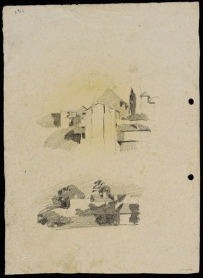 Alternate image of recto: Houses and trees [top] and Houses on a slope [bottom]
verso: Suburban buildings [top] and Houses and trees [bottom] by Lloyd Rees
