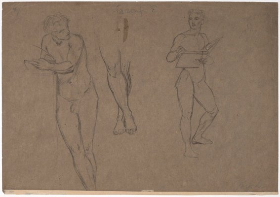 Alternate image of Figure studies for panel in the Grill Room, South Kensington Museum (recto); Studies of a male nude (verso) by Sir Edward John Poynter