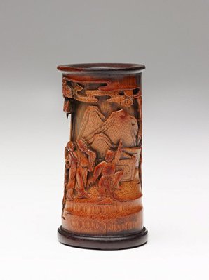 Alternate image of Bamboo brush pot decorated with three human figures in front of a pavilion in high relief by 
