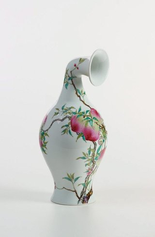 AGNSW collection Xu Zhen Madeln Curved Vase- Famille-Rose Olive Vase with Bat and Peach Design, Yongzheng Period, Qing Dynasty 2013