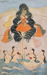 The bathing cowherds (gopis) implore Krishna to return their clothes (Cira Harana lila) from a dispersed manuscript of the Bhagavata Purana, circa 1650