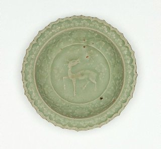 AGNSW collection Longquan ware Saucer dish with slip design of antelope and foliate edge 1279-1368