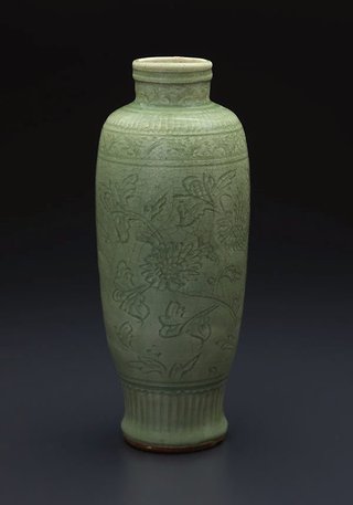 AGNSW collection Longquan ware Vase of slender baluster shape with carved floral design 1368-1644