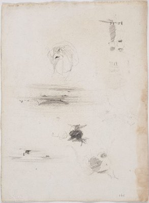 Alternate image of recto: Ecorché accroupi
verso: Small sketches - Two girls, dog's head, boat in the shallows and boat on the sand by Lloyd Rees