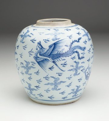 Alternate image of Ginger jar decorated in underglaze blue with phoenix and cloud design by 