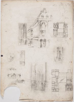Alternate image of recto: Small country scenes, emus and kangaroos
verso: French building and Buildings and plans by Lloyd Rees