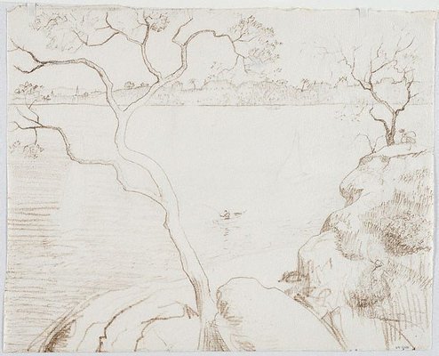 Alternate image of Drawing for 'Northwood Point with tree' (recto); Impression of 'Northwood Point with tree' (verso) by Lloyd Rees