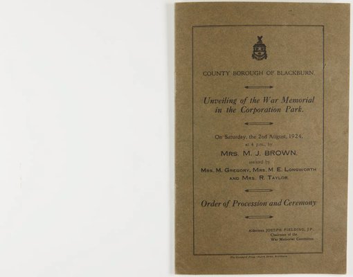 Alternate image of Program for the unveiling of the Blackburn War Memorial in the Corporation Park, Blackburn by The Standard Press