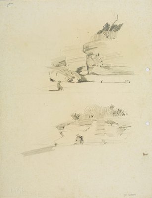 Alternate image of recto: Harbour landscape and Group of people
verso: Two studies of figure by a cliff by Lloyd Rees