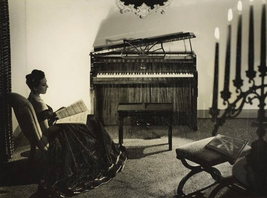 Alternate image of recto: Untitled (advertisement: Ososoft lavender bath starch)
verso top: Untitled (woman with hand to head wearing lingerie robe)
verso bottom: Untitled (period Interior with woman and pianoforte) by Max Dupain