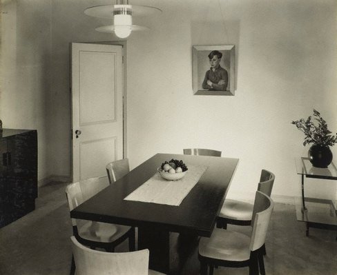 Alternate image of recto top: Untitled (woman seated with ruched sweater and ties)
recto bottom: Untitled (woman with cigarette and ‘ME’ on white sweater)
verso: Untitled (dining room with portrait of boy with crossed arms) by Max Dupain