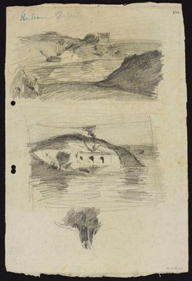 Alternate image of recto: Eucalypts and Summer evening (2 studies)
verso: Harbour sketch [top] and Three arched building, Sydney Harbour [bottom] by Lloyd Rees