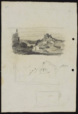 Alternate image of recto: City view with workshops
verso: Landscape with pointed hill [top] and Sketch of landscape with pointed hill [bottom] by Lloyd Rees