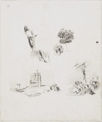 Alternate image of recto: Two self portraits
verso: Tree trunk, Houses near overbridge Petrie Terrace and St Brigid's by Lloyd Rees