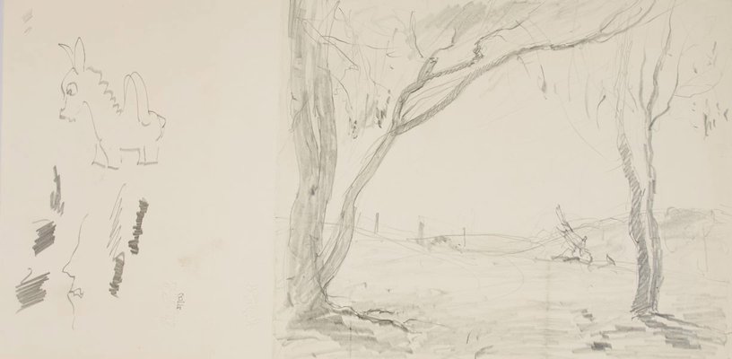 Alternate image of recto: House with palm tree and two trees in rural landscape
verso: Two trees, Toy animal and Trees on a slope by Lloyd Rees