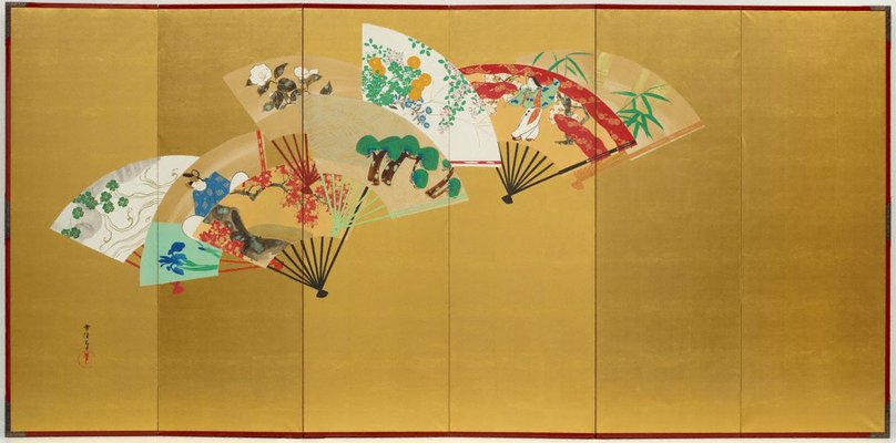 Alternate image of Designs of birds, flowers and figures on fans by Kamisaka Sekka
