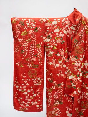 Alternate image of Furisode uchikake (long-sleeve overcoat) with design of plum and cherry blossoms, peonies, chrysanthemums and wisteria on red figured silk satin ('rinzu') by 