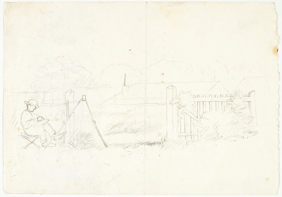 Alternate image of recto: Farmhouse and truck, Studies of truck and a woman
verso: Man drawing beside a gateway to a house by Lloyd Rees