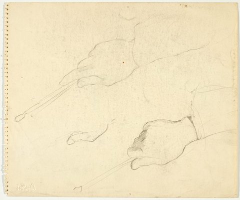 Alternate image of recto: Two studies of a hand holding a brush
verso: Three hand studies ( two with brush) by Lloyd Rees