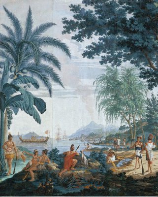 Alternate image of Les Sauvages de la Mer Pacifique: 1. (Native hut), 2. (3 dancers), 3. (Sailing boat), 4. (Natives & goat) by Joseph Dufour, Jean-Gabriel Charvet
