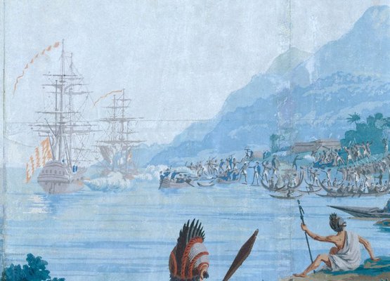 Alternate image of Les Sauvages de la Mer Pacifique: 1. (Native hut), 2. (3 dancers), 3. (Sailing boat), 4. (Natives & goat) by Joseph Dufour, Jean-Gabriel Charvet