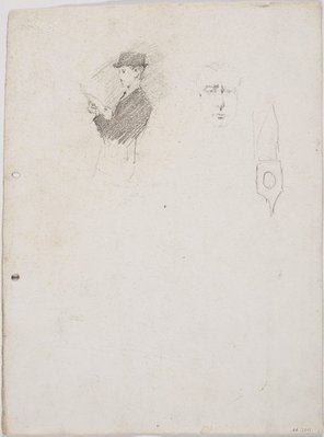 Alternate image of recto: Head of Napoleon from a cast and Small drawings - two boats, façades of towered building
verso: Man in a hat and Man's face by Lloyd Rees