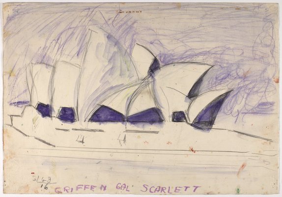 Alternate image of recto: Boats on the water (Lane Cove River)
verso: Sydney Opera House by Lloyd Rees
