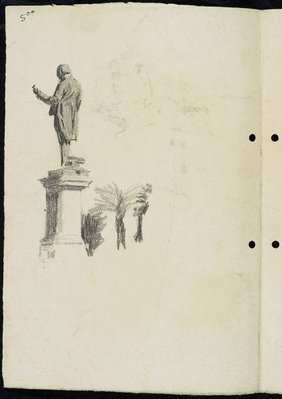 Alternate image of recto: Tree on a bank and water with footbridge [left] Portion of the roof of Sydney Town Hall [right]
verso: Statue of Dr John Dunmore Lang in Wynyard Park [left] Harbour boathouse and Harbourside building with trees [right] by Lloyd Rees
