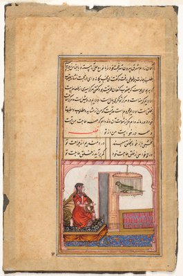 Alternate image of A parrot talking to a woman; a folio from the Tutinama by Imperial Mughal from the workshop of  Emperor Akbar