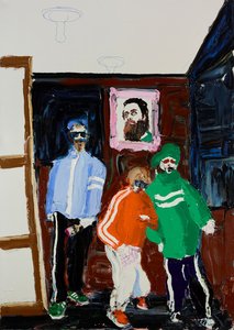 Self-portrait in the studio with the Beastie Boys, painting James Drinkwater for the Archibald Prize (Los amigos)