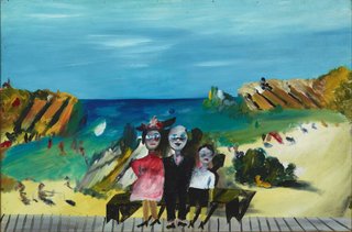Sidney Nolan *Giggle Palace* 1945. On loan from the Nelson Meers Foundation

*Luna Park in Melbourne was part of my kitsch heaven as a boy. After I left the army, like a lot of others, I tried to recapture things, to see things again, to re-experience them.* - Sidney Nolan 1978

Nolan grew up in the Melbourne beachside suburb of St Kilda, a popular weekend destination with a Luna Park fairground, swimming baths and long promenade. In *Giggle Palace*, he invokes childhood memories of Luna Park, picturing himself with his parents in front of a painted beachside backdrop in a sideshow photographer's studio. Nolan drew on the ambiguity and visual pun of this 'painting within a painting' that too suggests the funfair's play on reality and illusion.

The work was painted at a time when Nolan was in hiding after having deserted the army, and his memories of childhood pleasures seemed to serve as a creative antidote to his present traumas. His Ripolin-enriched palette and faux-naive style imbue *Giggle Palace* with the dream-like quality of childhood visions.
