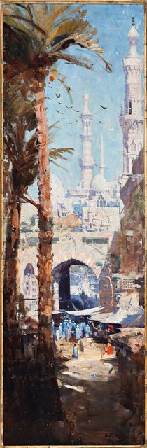 PRIVATE COLLECTION Arthur Streeton *Minarets, Cairo* 1897

Do you love visiting new places? 

Like many artists of his time, Streeton travelled overseas to explore new places. This painting captures the atmosphere and sights of Cairo in Egypt. The tall, decorative towers in the background almost look as if they are made of icing sugar. A busy market is being held under the archway and canopies, where people wearing blue robes gather. 

Imagine the sounds you would hear. What would be the loudest? 
