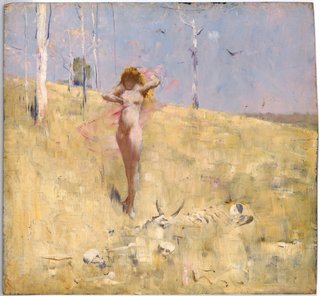 NATIONAL GALLERY OF AUSTRALIA COLLECTION Arthur Streeton *The spirit of the drought* c1896

Do you believe in fairies, spirits or angels? 

This painting depicts an imagined fairy-like creature that symbolises the destruction caused by drought and fire. When Streeton painted this over 100 years ago, artists and writers invented female figures like this spirit to tell stories or warn against thoughtless and careless behaviour.  

Describe the different ways Streeton suggests the heat of this landscape. What time of day do you think it is?  

