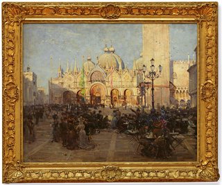 QUEENSLAND ART GALLERY COLLECTION *St Mark's, Venice* 1908

Do you recognise this famous Italian city?

This is St Mark’s Square in Venice. The people sitting in the open-air cafes are shrouded in shadow, while the splendour of the architecture in the background is captured in bright light.  Streeton has ‘cut off’ the spire at the top of Venice’s famous bell tower, or Campanile. Or has he? The centuries-old tower collapsed in 1902 and when Streeton painted this in 1908 the rebuilding was not complete. The picture also shows us what fashions were like in the early 1900s. Notice the style of the ladies’ dresses.

Who is wearing the fanciest hat? 
