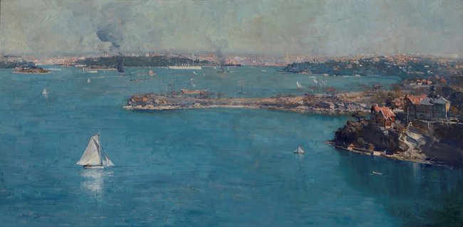 PRIVATE COLLECTION Arthur Streeton *Sydney Harbour* 1907

How many shades of blue can you see in this painting?

Streeton painted this outdoors, standing near where Taronga Zoo is now. The curved shoreline of Cremorne and the many inlets of crystal blue water weave in and out of the harbour. Streeton shows it as a bustling place, full of steamers and ferries and activity. In December 1907, *The Sydney Morning Herald* reported that over 10,200 vessels had entered Sydney Harbour that year.

Imagine you are sailing into the harbour for the first time. What things would catch your attention? 

